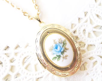 Vintage Rose Locket Necklace 16k Gold Plated - Gold Locket - Oval Locket - Keepsake - Vintage Limoges - Blue Rose Gold Locket