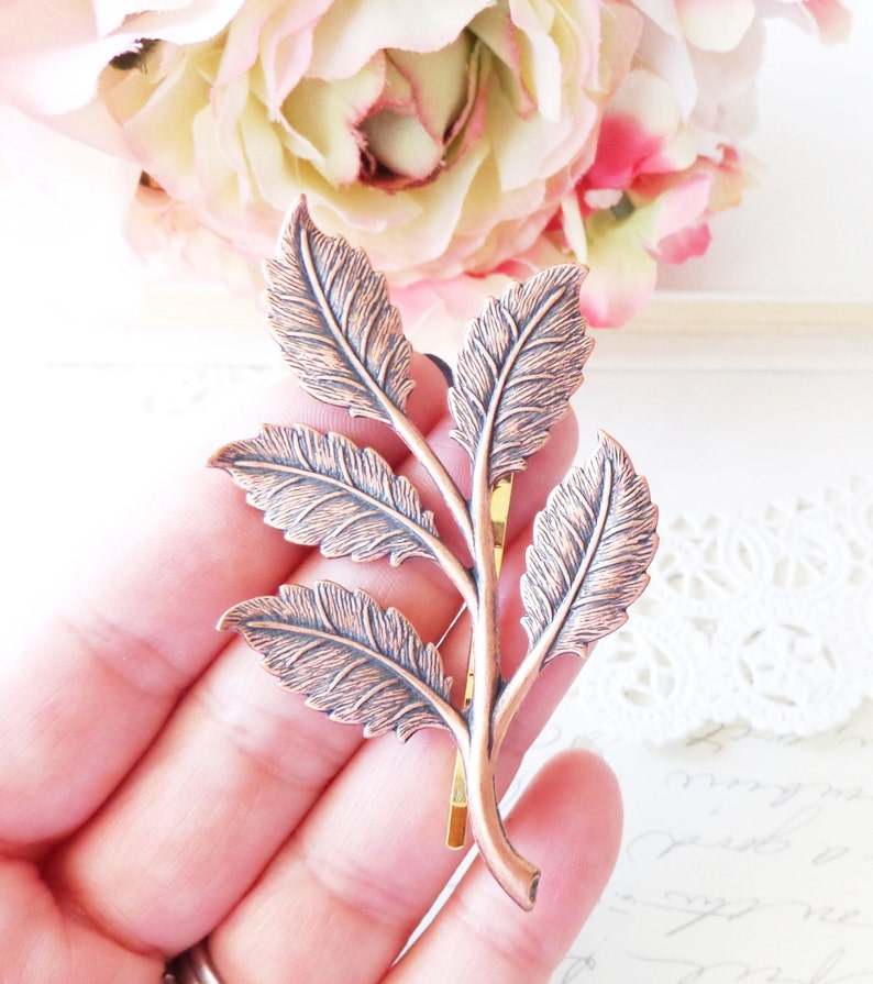 Rosy Copper Leaf Branch Hair Pin Copper Leaf Branch Bobby Pin Woodland Leaf Hair Pin Wedding Hair Pin Bridal Leaf Branch Hair Pin image 3