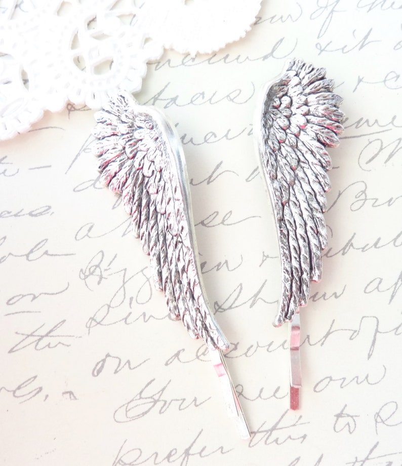 Silver Plated Feather Hair Pins Ox Silver Feather Bobby Pins Feather Hair Pin Woodland Hair Wedding Hair Bridal Angel Wing Pins image 2
