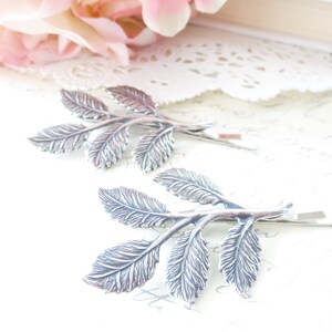 Sterling Silver Plated Leaf Branch Bobby Pin Set Woodland Leaf Hair Pins Wedding Leaf Branch Hair Accessory Bridal Hair Pins image 1