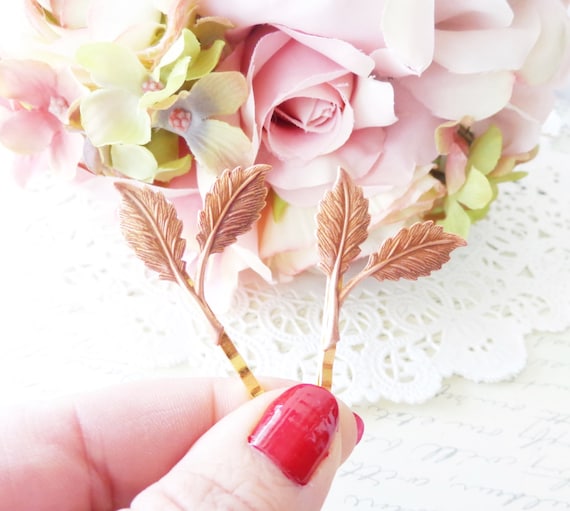 Rose Gold Leaf Branch Bobby Pin Set - Leaf Branch Bobby Pins  display picture 2
