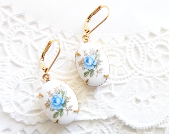 Vintage limoges Earrings - Vintage Blue rose Earrings - Gold flower Earrings - Blue dangle Earrings - Rose Earrings - Porcelain - Limoge