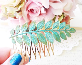 Verdigris Leaf Branch Hair Comb - Woodland Branch Hair Comb - Verdigris Green Blue Patina Leaf Hair Comb - Woodland Hair - Wedding Hair