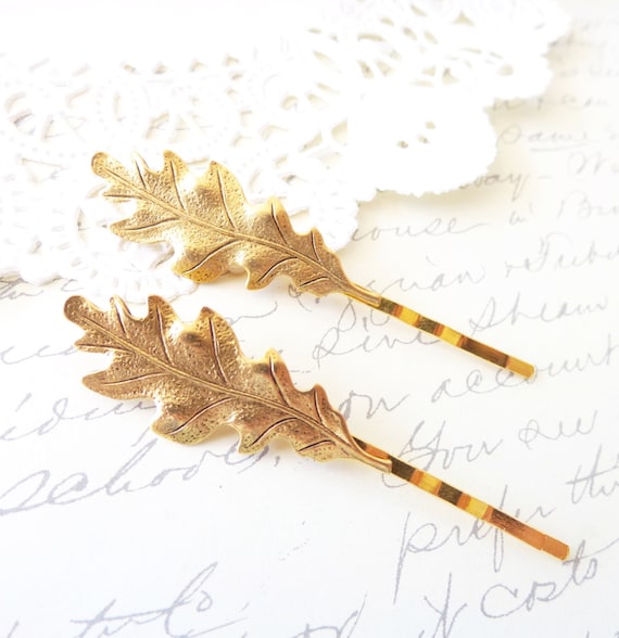 Golden Ox Leaf Bobby Pin Set - Oak Leaf Hair Pins - Woodland  display picture 2