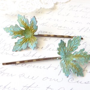 Verdigris Leaf Hair Pin Set - Maple Leaf Bobby Pin - Woodland Collection - Whimsical - Nature - Bridal - Patina