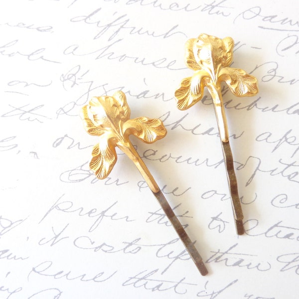 Golden Iris Flower Hair Pins - Iris Bobby Pin - Iris Hair Accessory - Flower Hair Pins - Gold Iris Bobby Pins - Golden Brass Iris Flower