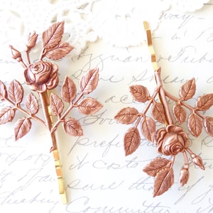 Rose Gold Rose Blossom Hair Pins - Leaf Bobby Pins - Wedding Hair - Bridal - Woodland Collection - Whimsical