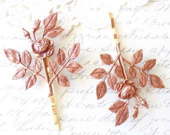 Rose Gold Rose Blossom Hair Pins - Leaf Bobby Pins - Wedding Hair - Bridal - Woodland Collection - Whimsical