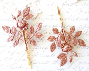 Rose goud Rose Blossom haar pins-blad Bobby pinnen-bruiloft Hair-Bridal-Woodland collectie-grillige