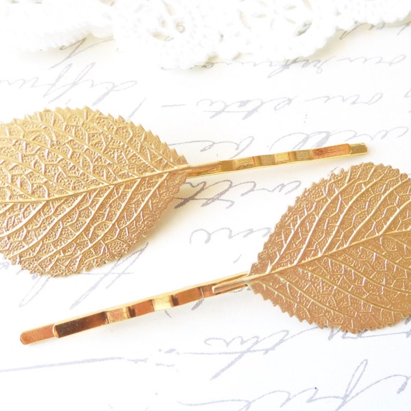 Golden Leaf Bobby Pin Set - Aspen Leaf Hair Pins - Birch Leaf Bobby Pin - Woodland Leaf Hair Pins - Wedding Hair Accessory - Bridal Hair