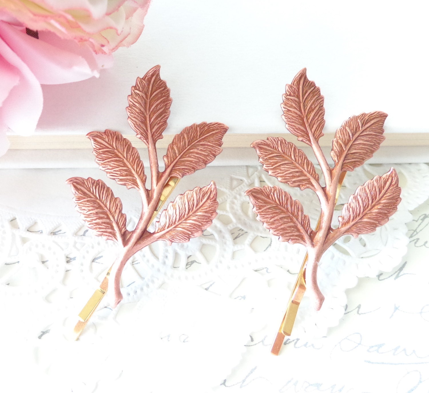Rose Gold Metal Leaf & Branch Bobbies Pins Rose Gold Leaf Branch Bobby Pins, Woodland Hair Accessories  main image 4