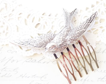 Silver Flying Sparrow Hair Comb - Swallow Hair Comb - Flying Bird Hair Comb - Woodland Hair - Wedding Hair Comb - Silver Bird Comb