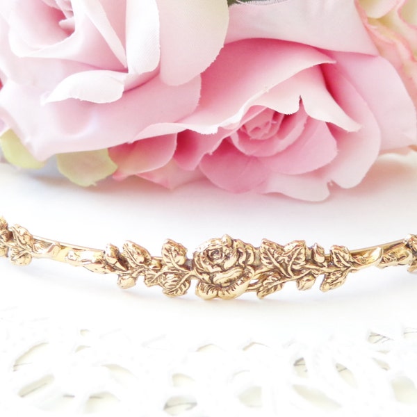 Golden Rose Floral Leaf Branch Headband - Gold Headband - Bridal Crown - Flower Crown - Woodland - Whimsical - Bridal Hair Accessory