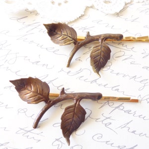Leaf Branch Bobby Pin Set - Leaf Branch Hair Pins - Rustic Leaf Hair Accessories - Woodland Leaf Branch - Brass Leaf Branch - Bridal Hair