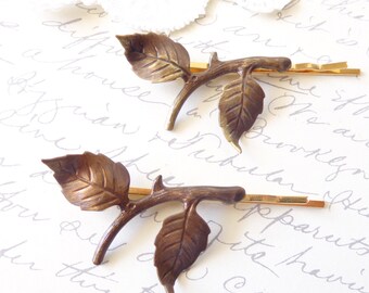 Leaf Branch Bobby Pin Set - Leaf Branch Hair Pins - Rustic Leaf Hair Accessories - Woodland Leaf Branch - Brass Leaf Branch - Bridal Hair