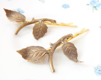 Golden Ox Brass Leaf Branch Bobby Pin Set - Leaf Branch Hair Pins - Woodland Hair Pins - Whimsical - Nature - Bridal Hair Pins