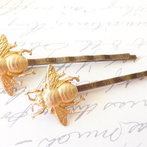 Golden Brass Bumble Bee Hair Pins Bumble Bee Bobby Pins Bumblebee Woodland Nature Wedding Hair Insect Fly Moth Bee image 1