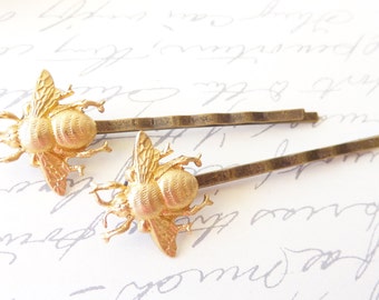 Golden Brass Bumble Bee Hair Pins - Bumble Bee Bobby Pins - Bumblebee - Woodland - Nature Wedding Hair - Insect - Fly - Moth - Bee