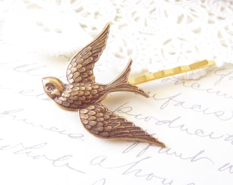 Golden Antique Brass Sparrow Hair Pin - Swallow Bobby Pin - Woodland Hair Accessory - Bridal Hair - Flight - Bird - Wedding Hair Accessory