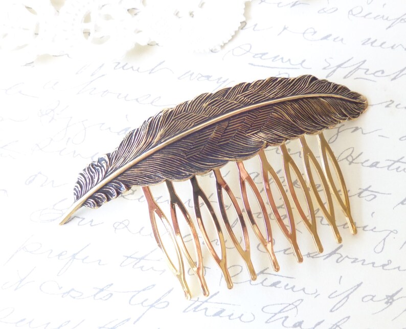 Golden Ox Brass Feather Hair Comb Antique Ox Brass Feather Etsy