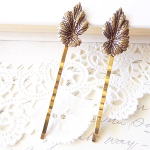 Golden Leaf Hair Pin Set Leaf Bobby Pin Ox Brass Leaf Hair Pins Woodland Collection Whimsical Nature Bridal Hair Pins image 4