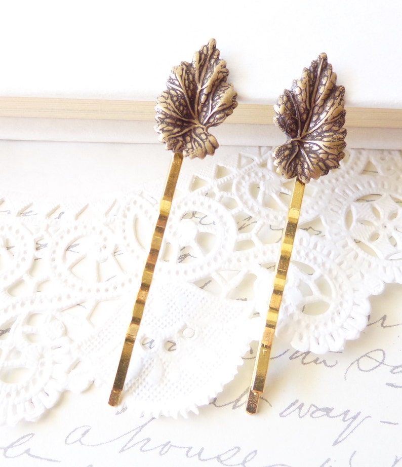 Golden Leaf Hair Pin Set Leaf Bobby Pin Ox Brass Leaf Hair Pins Woodland Collection Whimsical Nature Bridal Hair Pins image 4