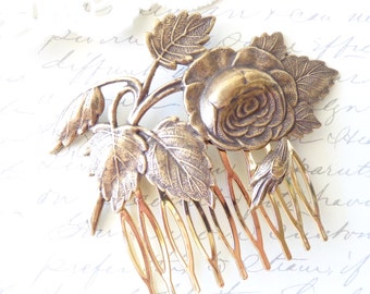 Golden Ox Brass Cabbage Rose Hair Comb - Rose Leaf Gold Hair Comb - Rose Blossom - Wedding Hair - Bridal Hair