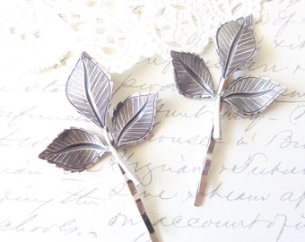 Sterling Silver Plated Leaf Branch Bobby Pin Set - Silver Leaf Hair Pins - Woodland Branch hair Pin - Three Leaf Hair Pin - Bridal hair Pin