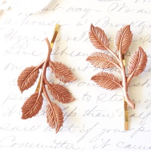 Rose Gold Leaf Branch Bobby Pin Set - Leaf Spray Hair Pins - Woodland Leaf Hair Pins - Wedding Hair Accessory - Bridal Hair Pins
