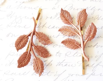 Rose Gold Leaf Branch Bobby Pin Set - Leaf Spray Hair Pins - Woodland Leaf Hair Pins - Wedding Hair Accessory - Bridal Hair Pins