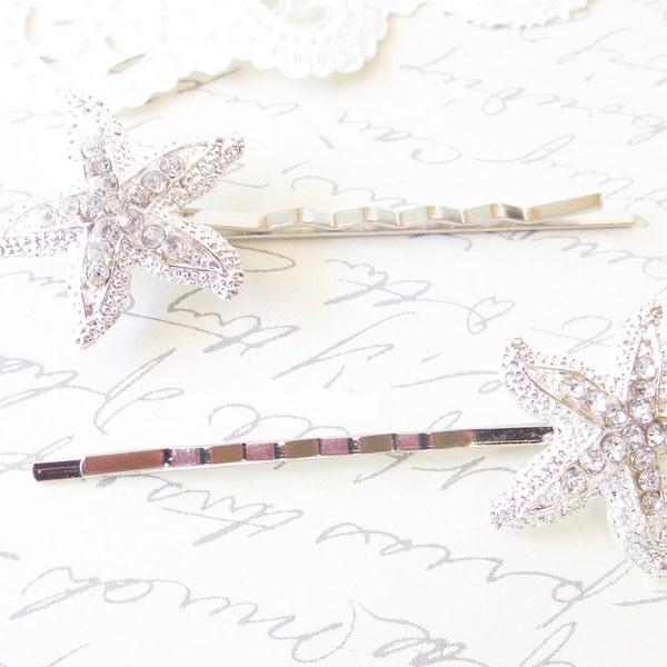 Rhinestone Starfish Hair Pins - Silver Starfish Hair Pin- Silver Starfish Bobby Pin -  Beach Wedding - Starfish Hair Accessory - Bridal Hair