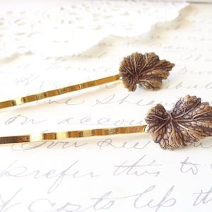 Golden Leaf Hair Pin Set Leaf Bobby Pin Ox Brass Leaf Hair Pins Woodland Collection Whimsical Nature Bridal Hair Pins image 1