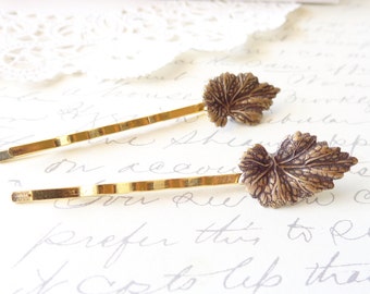 Golden Leaf Hair Pin Set - Leaf Bobby Pin - Ox Brass Leaf Hair Pins - Woodland Collection - Whimsical - Nature - Bridal Hair Pins