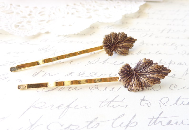 Golden Leaf Hair Pin Set Leaf Bobby Pin Ox Brass Leaf Hair Pins Woodland Collection Whimsical Nature Bridal Hair Pins image 1