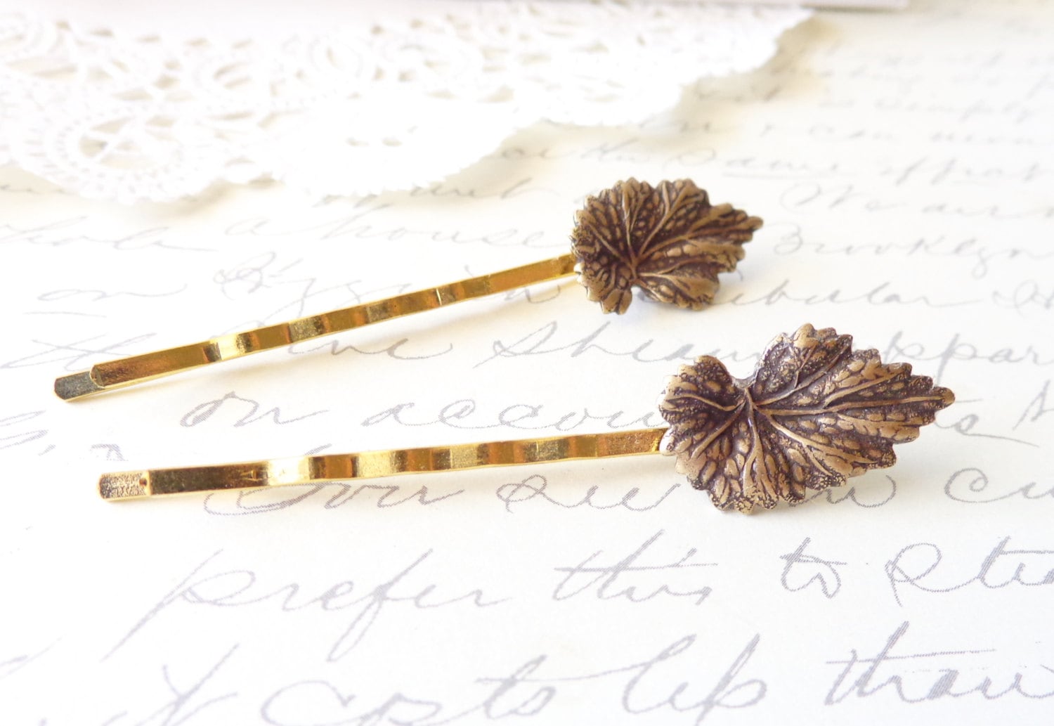 Golden Leaf Hair Pin Set - Leaf Bobby Pin - Ox Brass Leaf 
