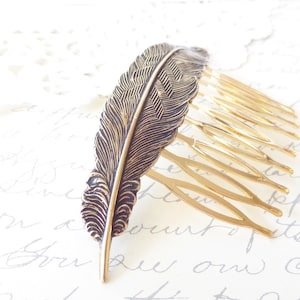 Golden Ox Brass Feather Hair Comb - Antique Ox Brass Feather Comb - Woodland Hair Accessory - Whimsy - Bridal Feather Hair Comb