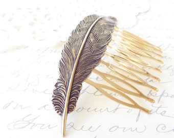 Golden Ox Messing Feather Hair Comb - Antieke Ossenmessing Feather Comb - Woodland Hair Accessoire - Eigenzinnigheid - Bruidsverhaarkam