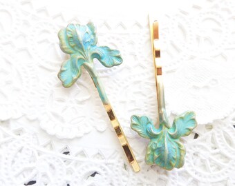 Verdigris Iris Flower Hair Pins - Iris Bobby Pin - Flower Hair Pins - Blue Green Iris Bobby Pin - Iris Flower Bobby Pins - Iris Hair Pins