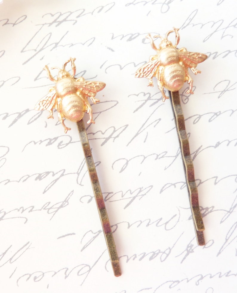 Golden Brass Bumble Bee Hair Pins Bumble Bee Bobby Pins Bumblebee Woodland Nature Wedding Hair Insect Fly Moth Bee image 2