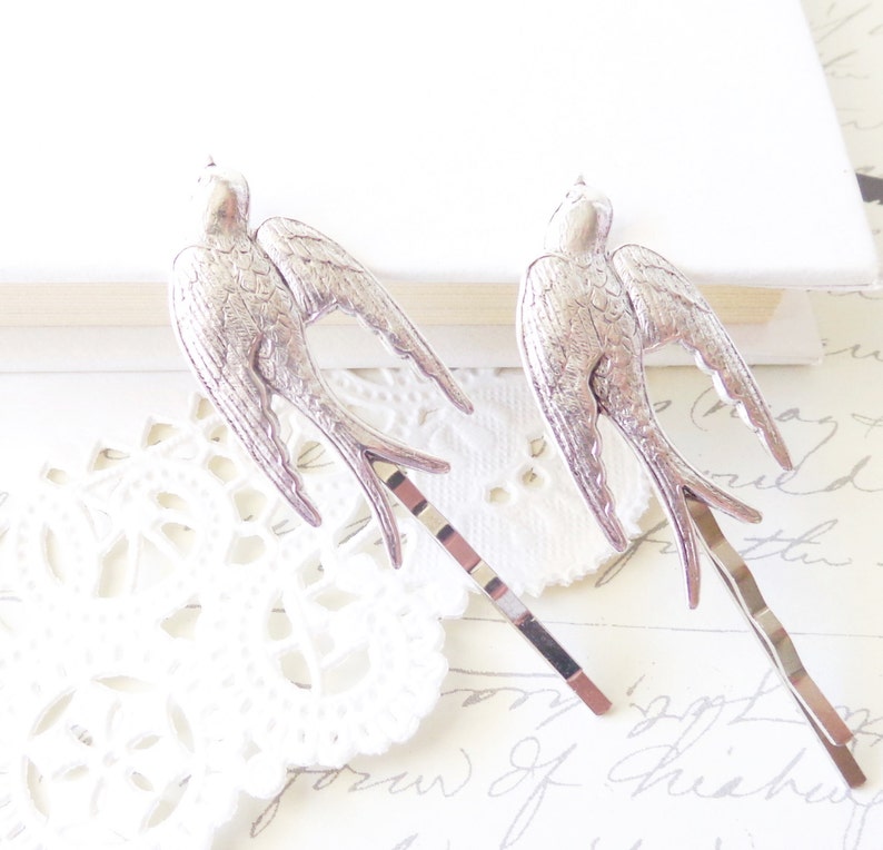 Silver Sparrow Hair Pins Bird Hair Pins Swallow Bobby Pin Set Take Flight Bobby Pin Set Woodland Garden Wedding Bridal Hair Pins image 1