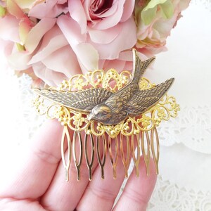 Gold Flying Sparrow Hair Comb Flying Swallow Hair Comb Ox Brass Bird Hair Comb Woodland Hair Comb Bridal Sparrow Hair Comb image 5