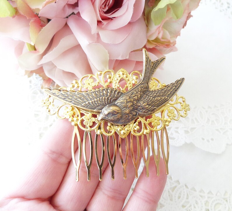 Gold Flying Sparrow Hair Comb Flying Swallow Hair Comb Ox Brass Bird Hair Comb Woodland Hair Comb Bridal Sparrow Hair Comb image 5
