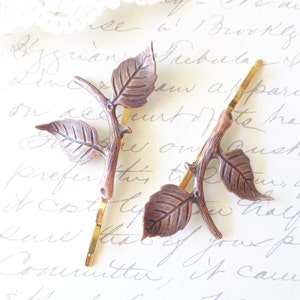 Copper Leaf Branch Bobby Pin Set - Copper Leaf Branch Hair Pins - Woodland Leaf Hair Pin - Branch Bobby Pin - Copper Leaf Hair Accessory