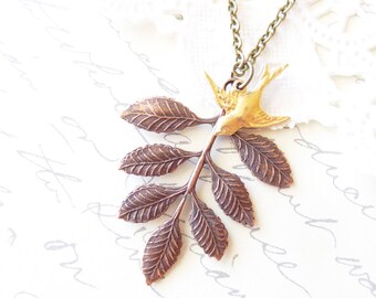 Koperblad Spray Sparrow ketting - koperblad tak ketting - Gouden Mus ketting - Woodland Leaf ketting - Gelaagdheid ketting