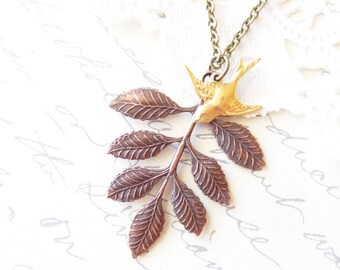 Copper Leaf Spray Sparrow Necklace - Copper Leaf Branch Necklace - Gold Sparrow Necklace - Woodland Leaf Necklace - Layering Necklace