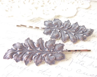 Sterling Silver Plated Leaf Hair Pin Set - Silver Leaf Bobby Pins - Woodland Leaf Hair Pin Set - Large Leaf Hair Pins - Wedding Hair - Bride