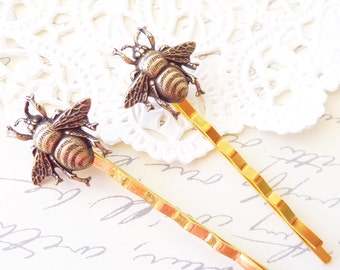 Golden Ox Brass Bumble Bee Hair Pins - Bumble Bee Bobby Pins - Bumblebee - Woodland - Nature Wedding Hair - Insect - Fly - Moth - Bee