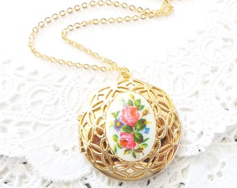 Vintage Gold Round Locket - Vintage Limoges Locket Necklace - Flower Limoges Locket - Rare Limoges Locket Necklace - Gold Filigree Locket