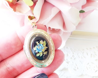 Vintage Rose Locket Necklace 16k Gold Plated - Gold Locket - Oval Locket - Keepsake - Vintage Limoges - Blue Gold Leaf Rose