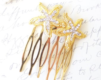 Rhinestone Starfish Hair Comb - Gold Starfish - Beach Wedding - Hair Accessory - Bridal - Wedding Hair